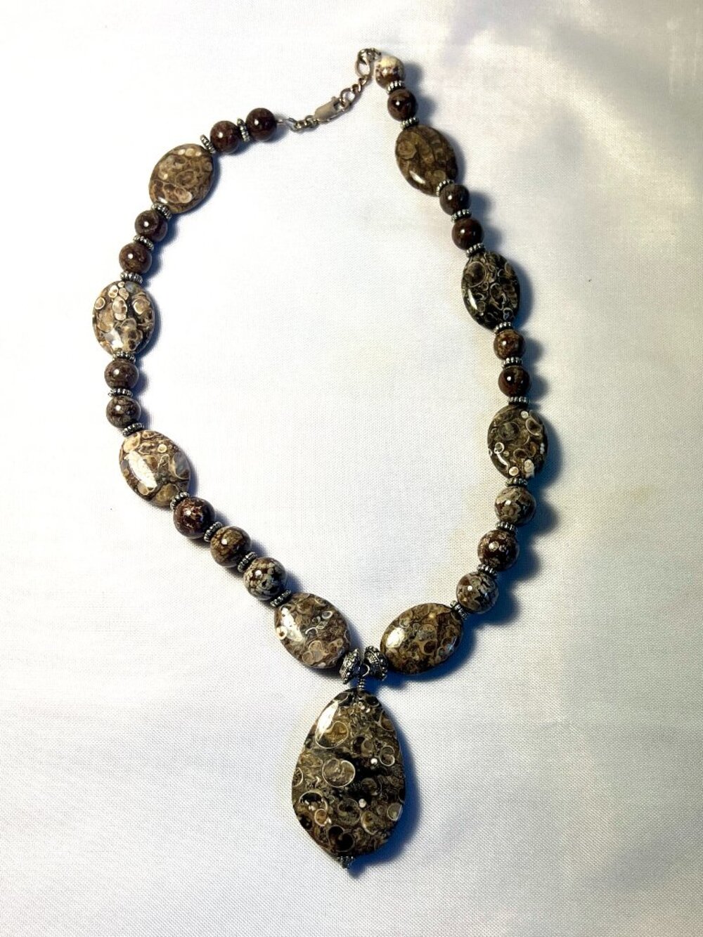 Turritella Agate Beaded Statement Necklace Brown Silver Pendant - SB3 D3